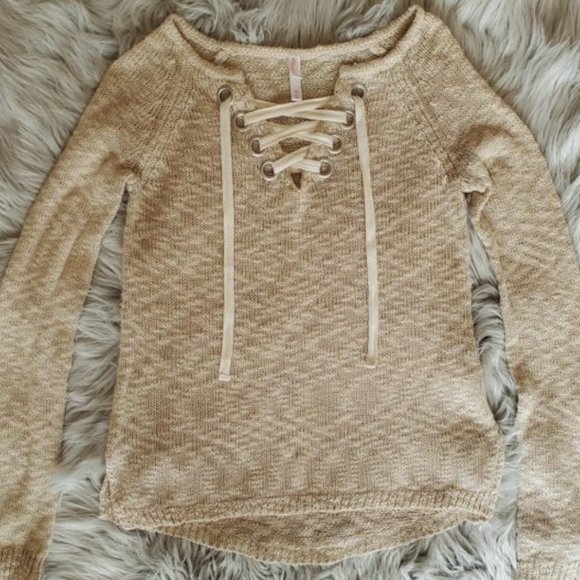 Xhilaration Lace-up Beige Knit Top - Picture 3 of 5